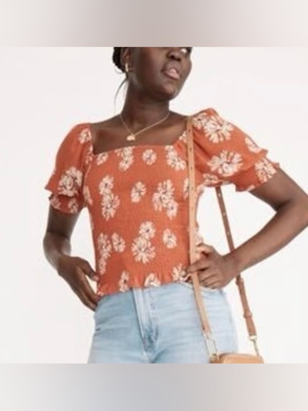 Rust Floral Square-Neck Puff-Sleeve Top - Women - Madewell
